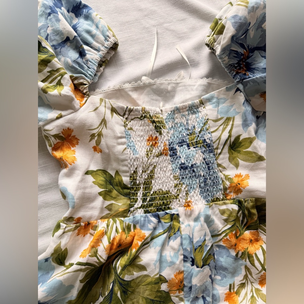 Reformation Marbella Floral Midi Linen A-Line Dress Botanist‎ Puff Sleeve Size 8 - Picture 15 of 15